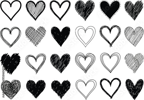 Collection of 20 unique black and white hand drawn hearts with various textures and patterns