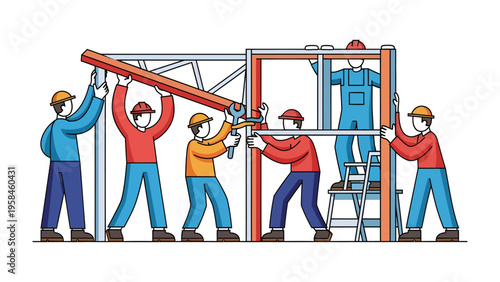 Construction Crew at Work: A team of construction workers is meticulously assembling a framework, demonstrating collaboration and precision. 