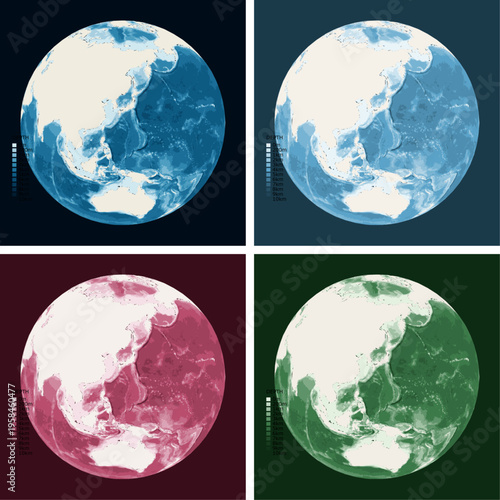 Globe Over Australia Bathymetric Ocean Depth Globe - Orthographic Projection - Scalable Multi-Color Seafloor Relief Topography with Depth Legend Showing Continental Shelves Mid-Ocean Ridges and