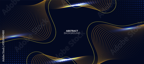 Dark blue luxury background with shining gold line waves. Modern luxury flowing wave lines. Technology concept.