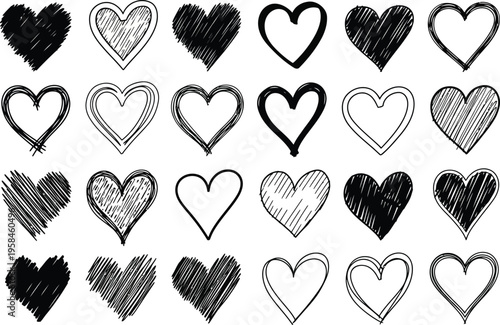 Collection of 20 unique hand drawn hearts in various styles and shades