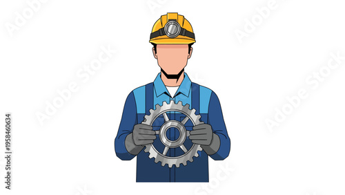 Mechanical Harmony: A determined worker, clad in workwear, grasps a large gear, a symbol of precision, diligence, and the engine of progress.