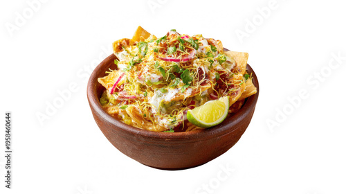 Bowl of indian street food chaat with crispy papdi, yogurt, chutneys, sev, red onion, and cilantro isolated on transparent background