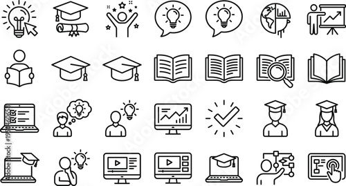 Education and E Learning Line Icon Set with Graduation Cap, Online Course, Idea, Laptop Study, Book, Analytics, Certification and Training Outline Symbols Collection