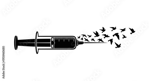 Syringe releasing birds freedom concept black and white graphic