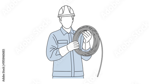 Construction Worker with Cable: An construction worker, clad in work gear, grasps a coiled cable. this illustration embodies dedication.