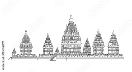 Detailed Line Art Depiction of a Traditional Temple Complex.