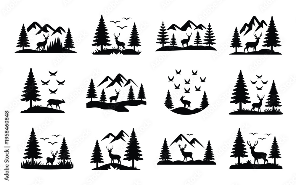 Obraz premium Black silhouette icons of deer trees mountains and birds in various natural landscapes and scenic wilderness environments with pine forests and hills