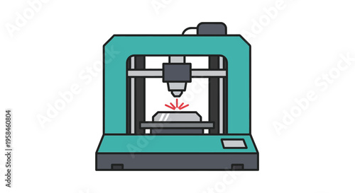 A 3D printer creates an object in a factory setting with technology and industry equipment.