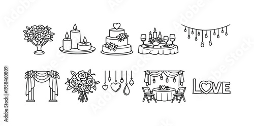 Collection of simple line art icons for wedding and romantic celebration decor