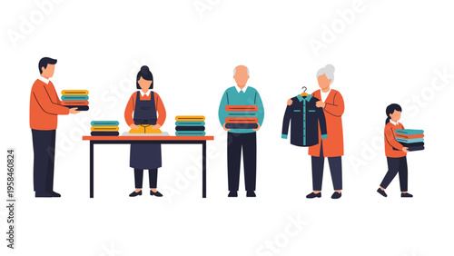 Community of Caring: A group of individuals coming together to donate and organize clothes, embodying the spirit of community service, giving, and collective well-being.