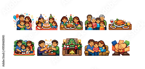 Pixel art families celebrating holidays and special occasions together