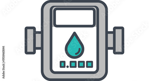 An illustration of a water meter device with a drop on its screen in a technology setting.