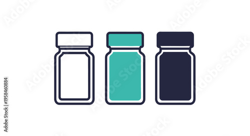 Three colorful medicine bottles are lined up on a shelf in a pharmacy interior with a close-up view.