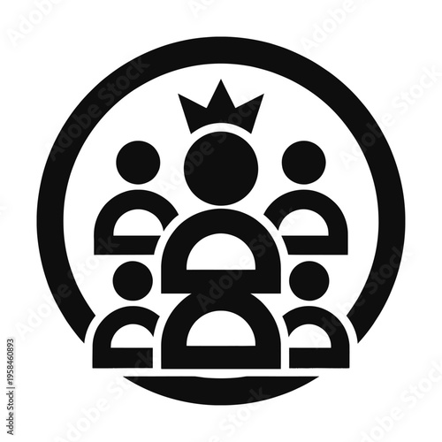 Minimalistic vector of a royal figure with a crown surrounded by other people within a circular frame