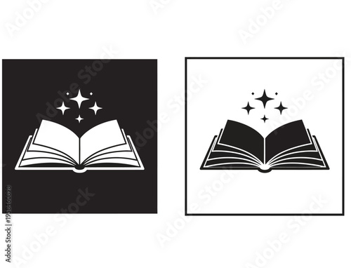A magical illustration of two open books with sparkling stars