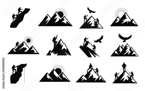 Collection of black mountain climbing silhouettes with peaks climbers sun and birds in various poses and landscapes