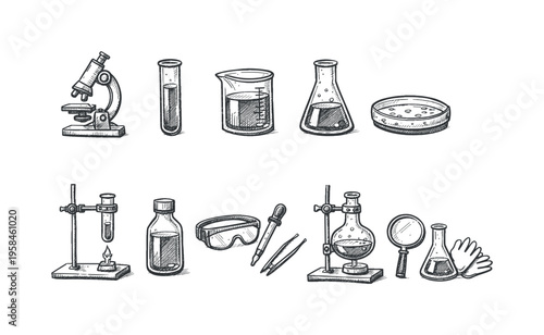 Collection of hand-drawn scientific laboratory equipment and tools for experiments