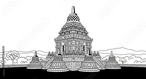 Detailed Line Art Depiction of a Grand Asian Temple Complex.