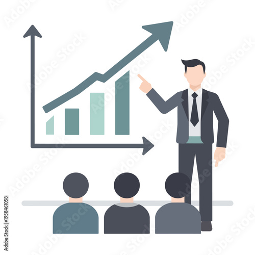 Businessman presenting a vector growth chart to an attentive audience during a professional presentation