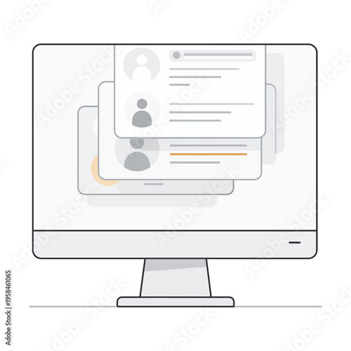 Vector of a computer screen showing document icons and a social media interface