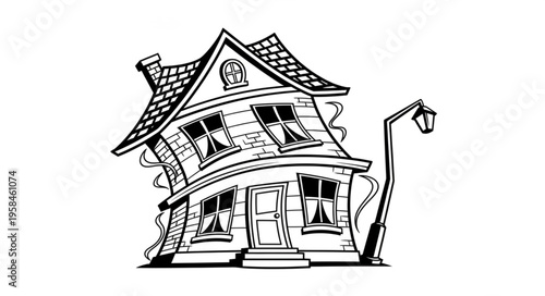Whimsical Distorted House Illustration with Curving Lines and Unique Architecture.