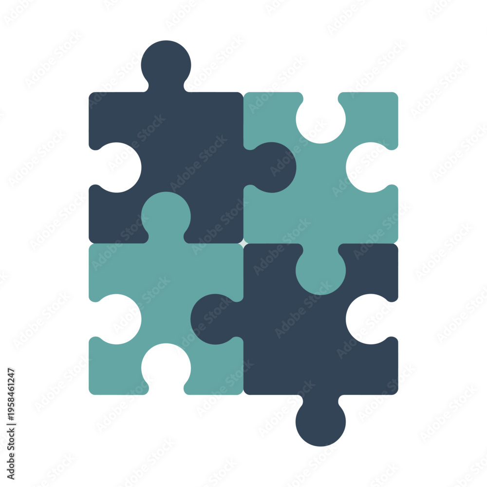 Fototapeta premium Four interlocking puzzle pieces in a square vector design with a teal and dark blue color scheme