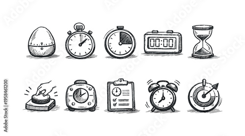 Collection of hand-drawn timer icons representing different timekeeping devices and concepts