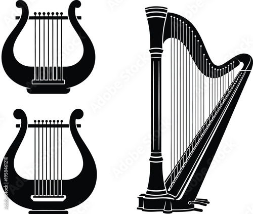 Three black and white illustrations of stringed musical instruments