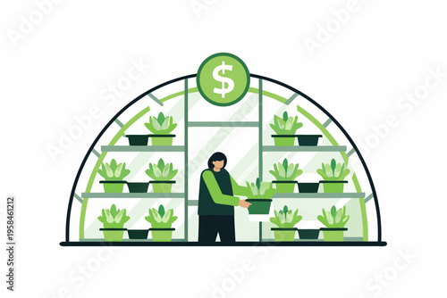 A person tending to plants inside a greenhouse with a dollar sign