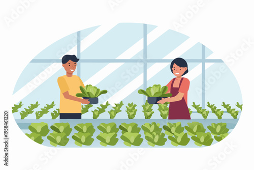 Two people tending to leafy green vegetables in a greenhouse