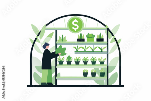 A person tending to plants inside a greenhouse with a dollar sign symbol