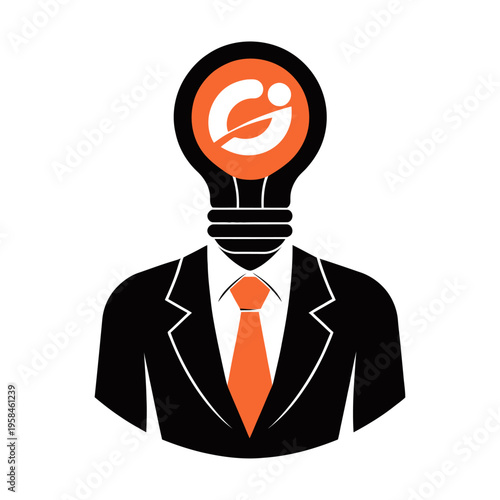 Vector of a businessman with a lightbulb head featuring an idea icon