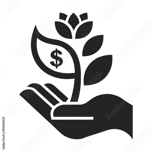 Vector hand holding a plant with a dollar sign symbolizing financial growth