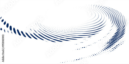 Swirling blue abstract pattern of dots creating a vortex or spiral effect on a white background