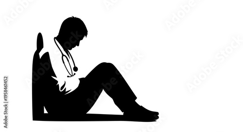 Silhouette of a tired doctor sitting in a chair with a stethoscope