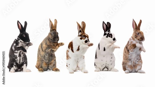 Five funny spotted bunnies dancing on a white background. Animated cinemagraph, parallax animation, based on an original photograph.