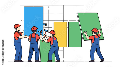 Construction Crew: A dedicated construction team collaboratively constructs a colorful graphic, symbolizing progress, and teamwork with determination.
