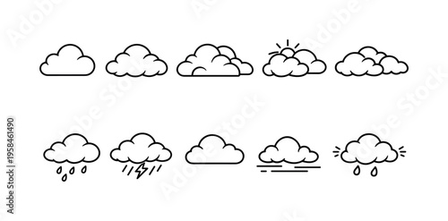 Collection of simple cloud icons representing various weather conditions and atmospheric phenomena