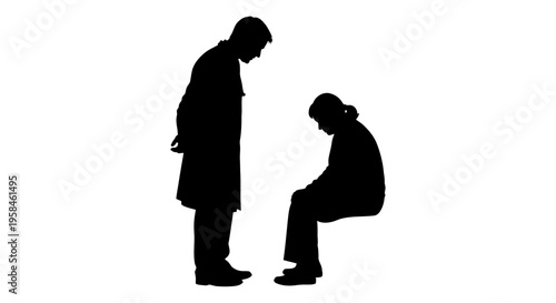 Two people in silhouette man standing and another crouching expressing emotion and interaction