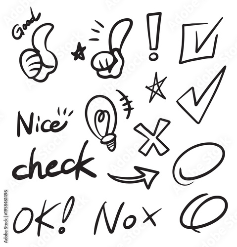 手書きのイラストセット チェックボックス 丸 矢印 ハンドサイン