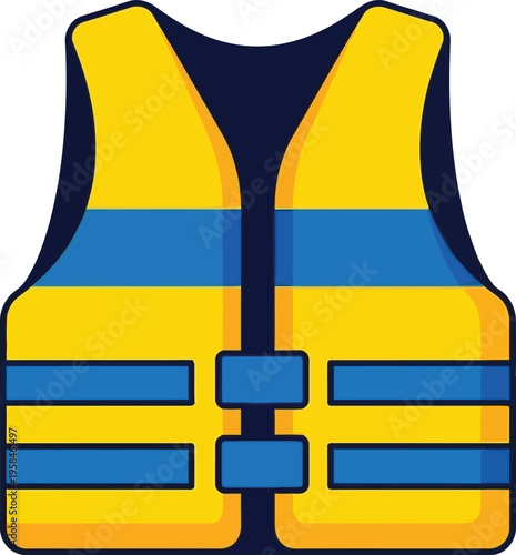 A bright yellow and blue life jacket or personal flotation device