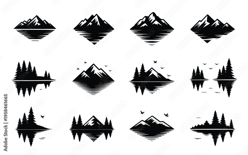 Fototapeta premium Collection of black silhouette mountain and forest icons with lake reflections and birds in flight on white background