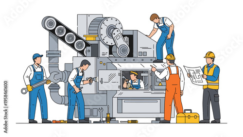 Precision Engineering: A dedicated team of skilled engineers meticulously maintains a complex industrial machine, showcasing their expertise.