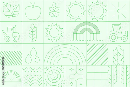 A pastel green grid showcasing various agricultural and natural elements