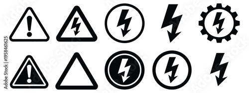 High voltage warning sign icons set vector illustration design, electrical hazard symbols with lightning bolt indicators, caution and danger signage collection, industrial safety alert icons for 