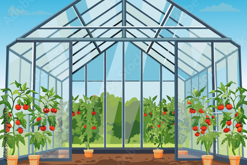 A vibrant greenhouse interior with thriving tomato plants and lush greenery