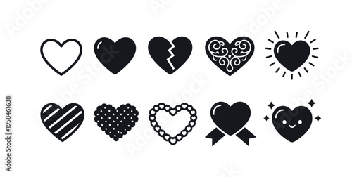 Collection of diverse heart icons representing love, emotions, and relationships