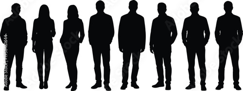 A group of eight people standing in a line in black silhouette against a white background