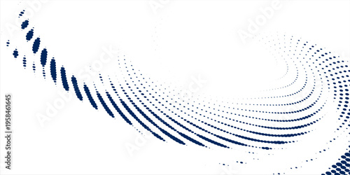 Swirling blue abstract pattern of dots creating a vortex or spiral effect on a white background